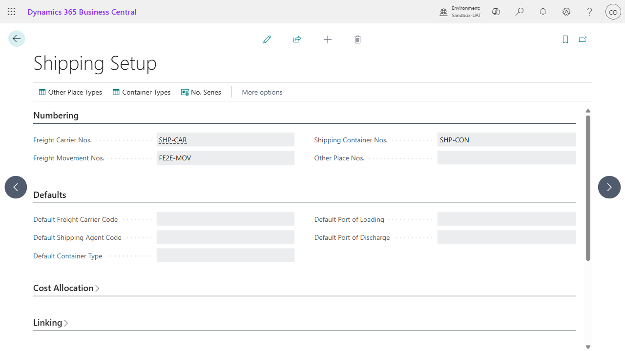 Shipping Setup page