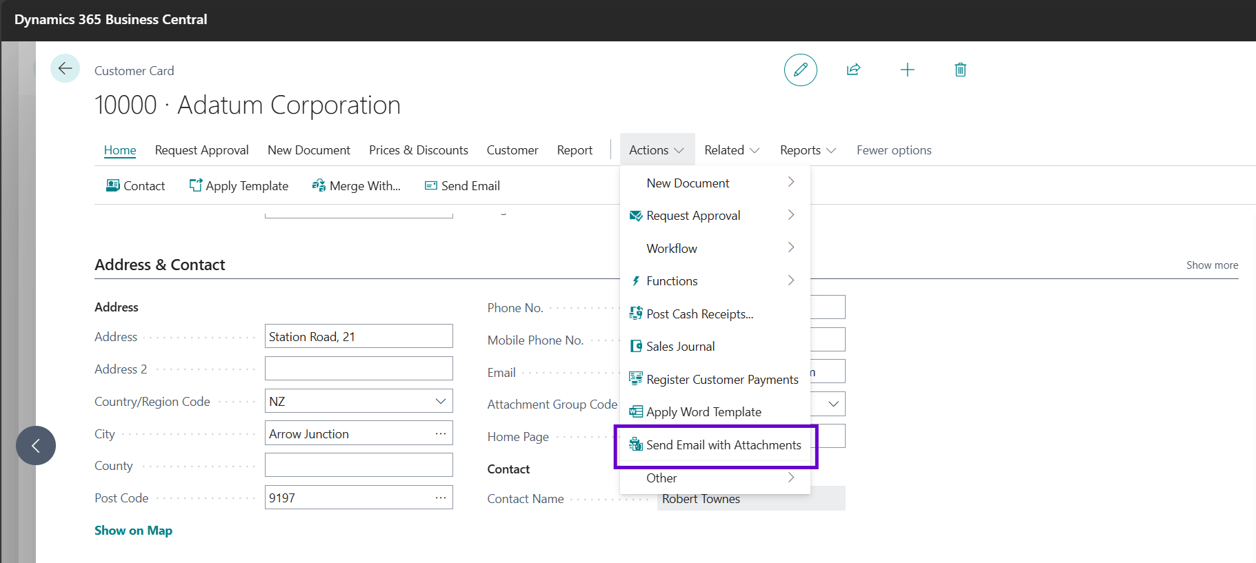 Customer Card with Send Email with Attachments action