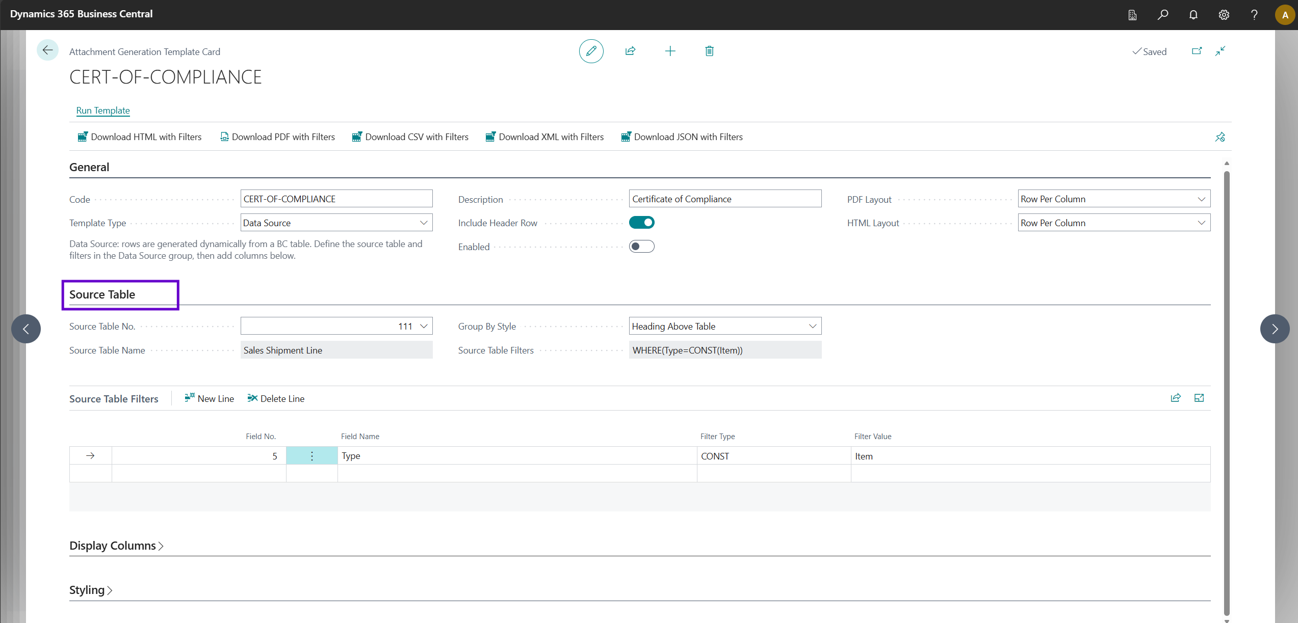Source Table Filters and Fields