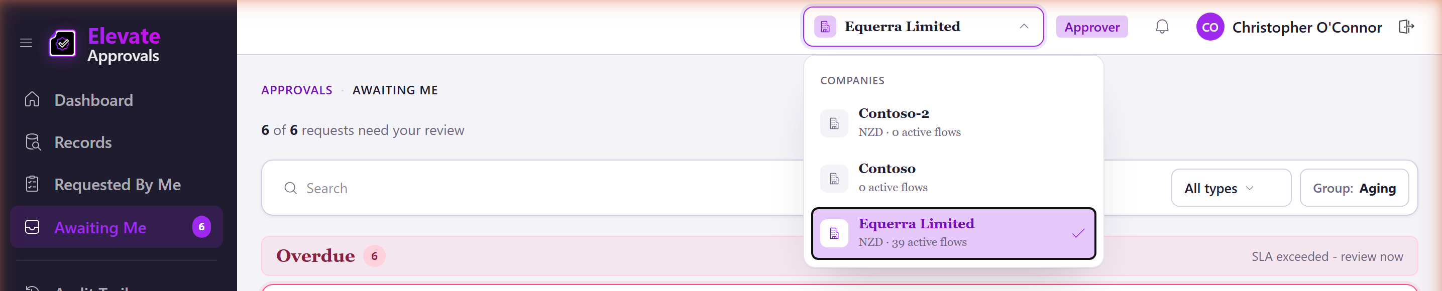 Company switcher dropdown
