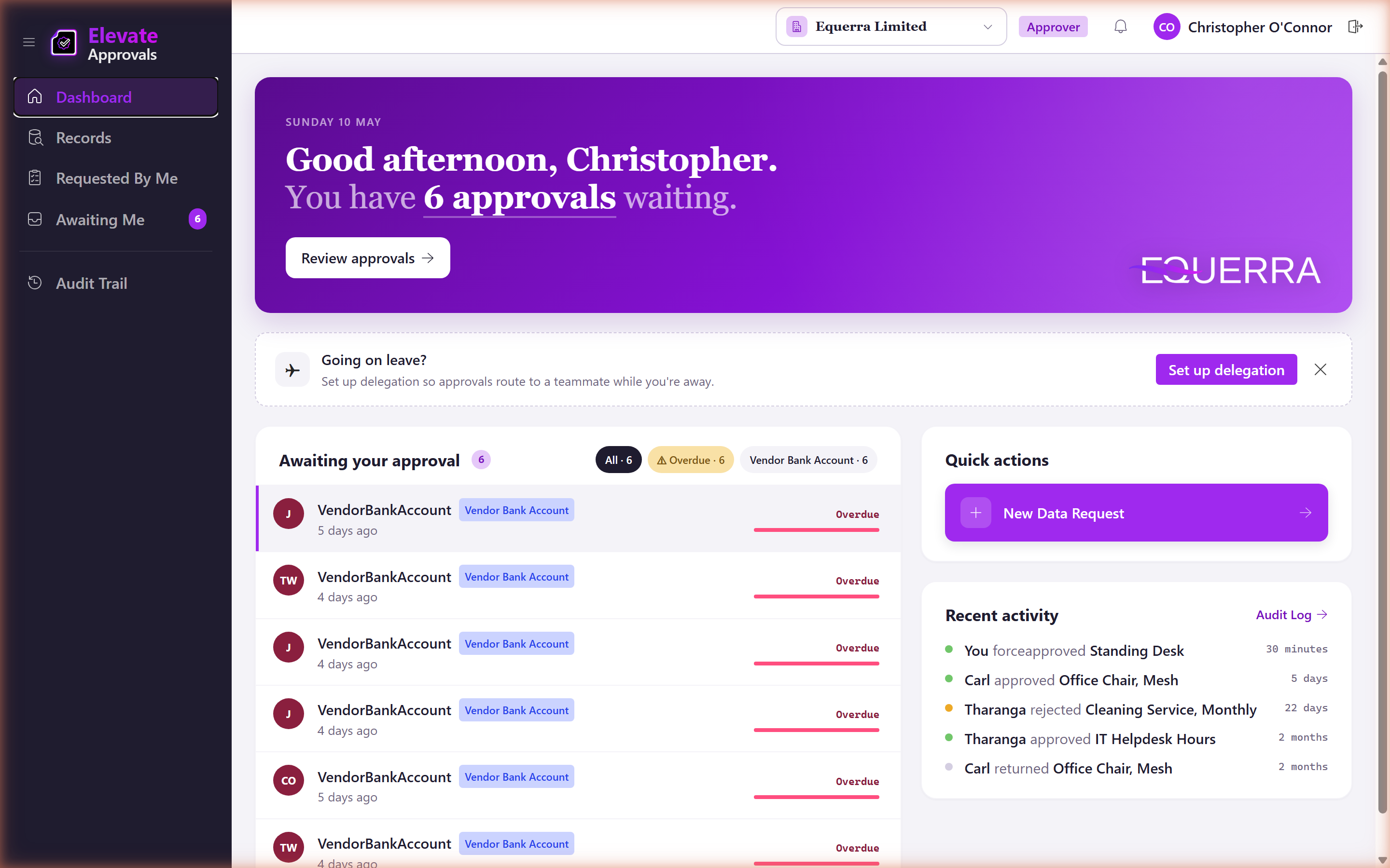 Approver dashboard with Awaiting Me, Quick actions and Recent activity