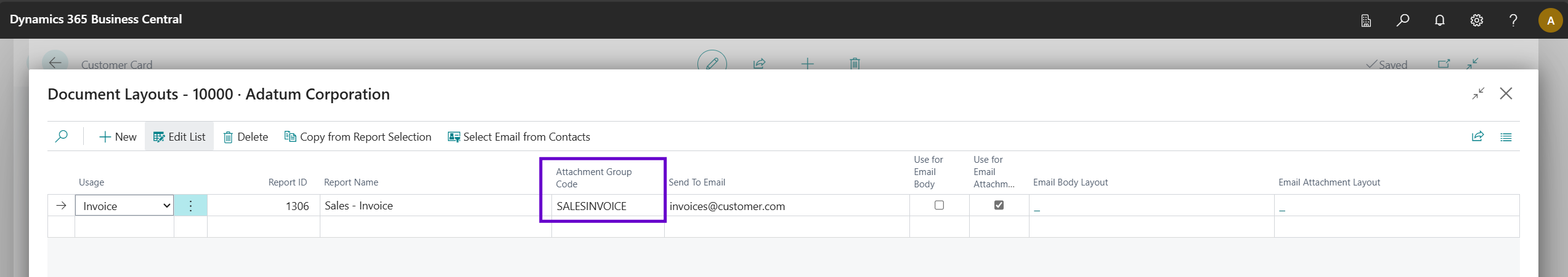 Attachment Group Code on Customer Document Layout