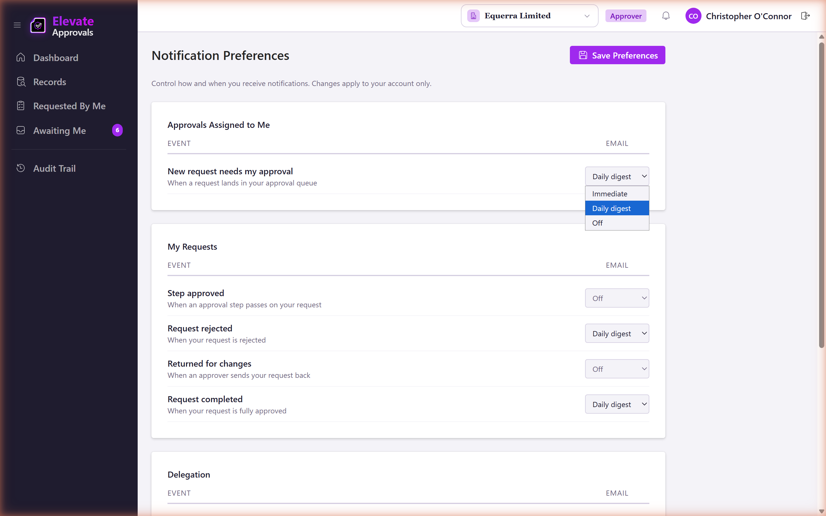 Notification preferences page